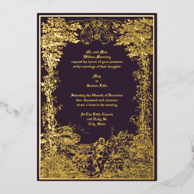 Invitación Con Relieve Metalizado Boda de frontera de la pareja del castillo de Vict (Anverso)