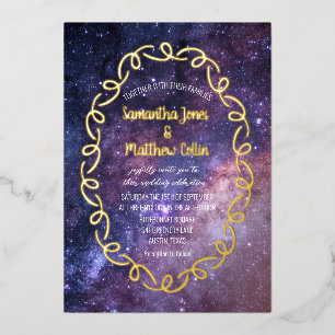 Invitación Con Relieve Metalizado Boda de Galaxia Celestial Cosmos Cielo con Hojalat
