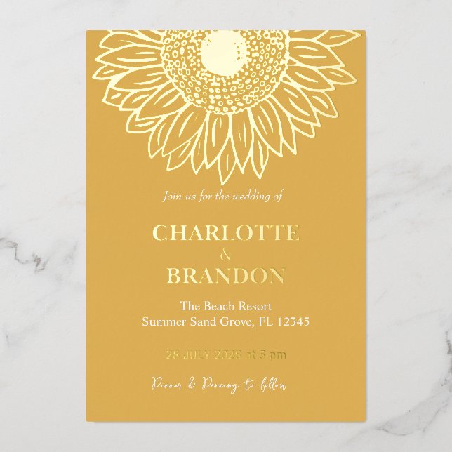 Invitación Con Relieve Metalizado Boda de girasol dorado amarillo (Anverso)