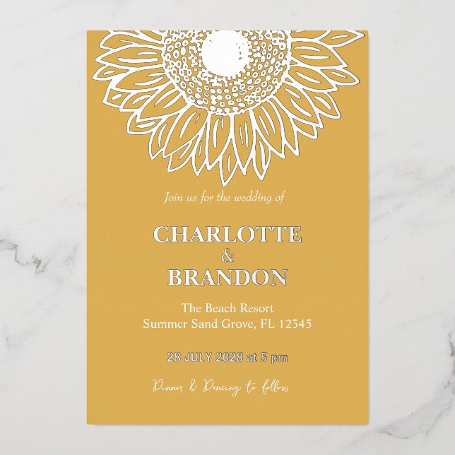 Invitación Con Relieve Metalizado Boda de girasol dorado amarillo (Anverso)