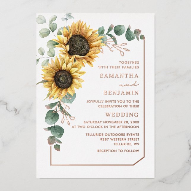 Invitación Con Relieve Metalizado Boda de girasol Rosa Gold (Anverso)