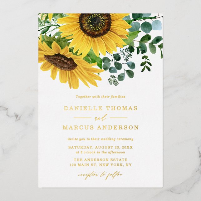 Invitación Con Relieve Metalizado Boda de girasoles acuarelas y eucalipto (Anverso)