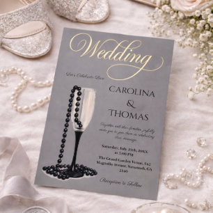 Invitación Con Relieve Metalizado Boda de Glass Black & White Pearl Champagne
