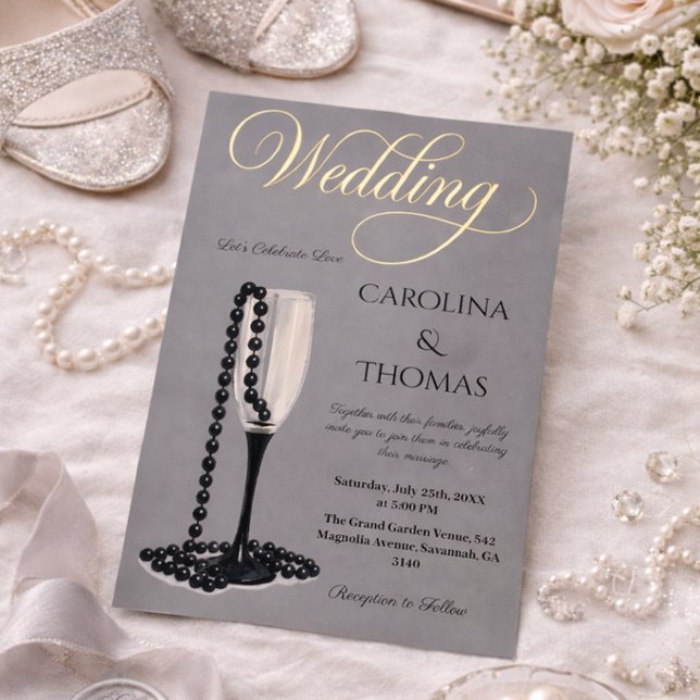 Invitación Con Relieve Metalizado Boda de Glass Black & White Pearl Champagne (Subido por el creador)