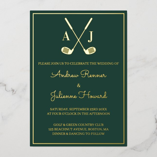 Invitación Con Relieve Metalizado Boda de Golf Esmeralda (Anverso)