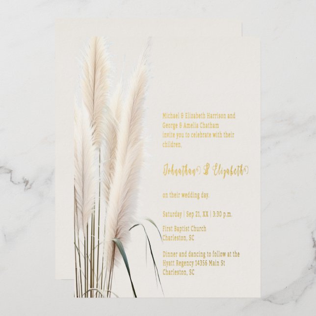 Invitación Con Relieve Metalizado Boda de Grass Boho Pampas (Anverso/Reverso)