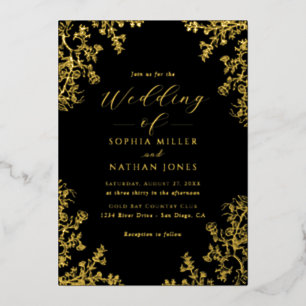 Invitación Con Relieve Metalizado Boda de guión de encaje floral negro de Relieve me