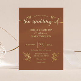 Invitación Con Relieve Metalizado Boda de guión moderno marrón boho