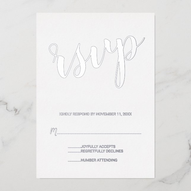 Invitación Con Relieve Metalizado Boda de guión moderno RSVP Silver (Anverso)