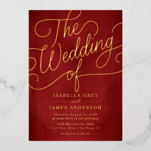Invitación Con Relieve Metalizado Boda de guiones de caligrafía de oro rojo
