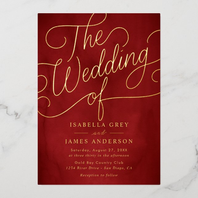 Invitación Con Relieve Metalizado Boda de guiones de caligrafía de oro rojo (Anverso)