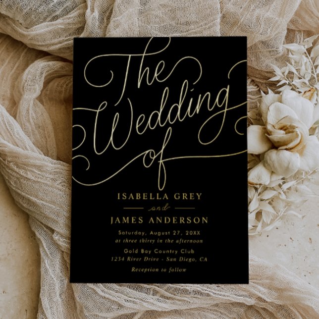 Invitación Con Relieve Metalizado Boda de guiones de caligrafía negra de oro (Subido por el creador)