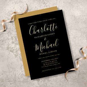 Invitación Con Relieve Metalizado Boda de guiones de firma negro y oro