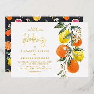 Invitación Con Relieve Metalizado Boda de guirnalda de limones y naranjas botánicas