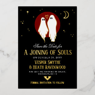 Invitación Con Relieve Metalizado Boda de Halloween de Unión de Almas Rojas