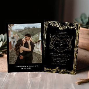 Invitación Con Relieve Metalizado Boda de Halloween retro de cráneo gótico