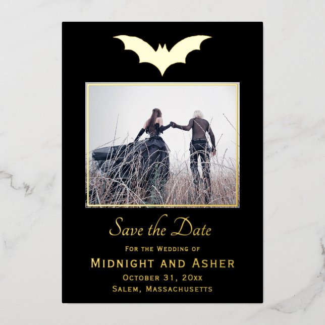 Invitación Con Relieve Metalizado Boda de Halloween Salve La Fecha (Anverso)