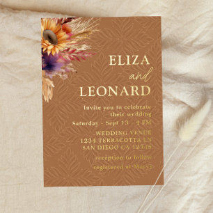 Invitación Con Relieve Metalizado Boda de hierba de pampas y girasol boho