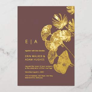 Invitación Con Relieve Metalizado Boda de hoja de Ginkgo de oro real de lujo