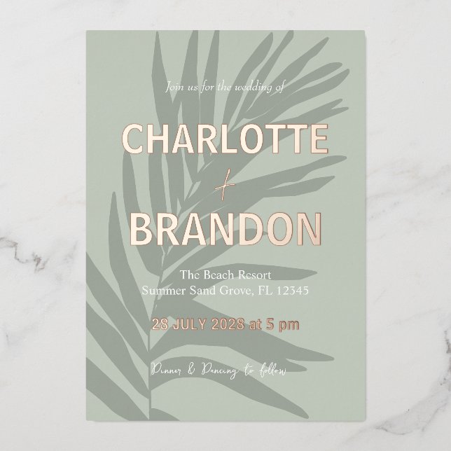 Invitación Con Relieve Metalizado Boda de hoja de palma tropical de sabio (Anverso)