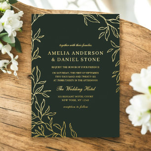 Invitación Con Relieve Metalizado Boda de hoja minimalista elegante oro verde