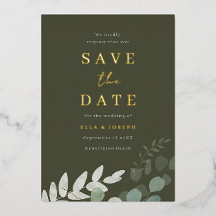 Invitación Con Relieve Metalizado Boda de hoja verde oliva de papel de oro Ahorre la