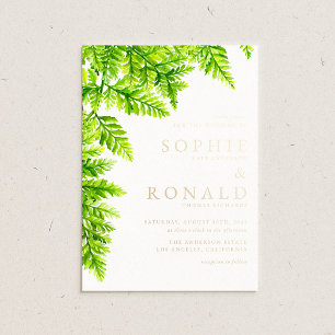 Invitación Con Relieve Metalizado Boda de hojas de helecho verde chartreuse acuarela