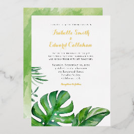 Invitación Con Relieve Metalizado Boda de Hojas de Monstera Verde Acuarela Tropical