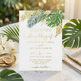 Invitación Con Relieve Metalizado Boda de hojas de palmeras salvajes tropicales