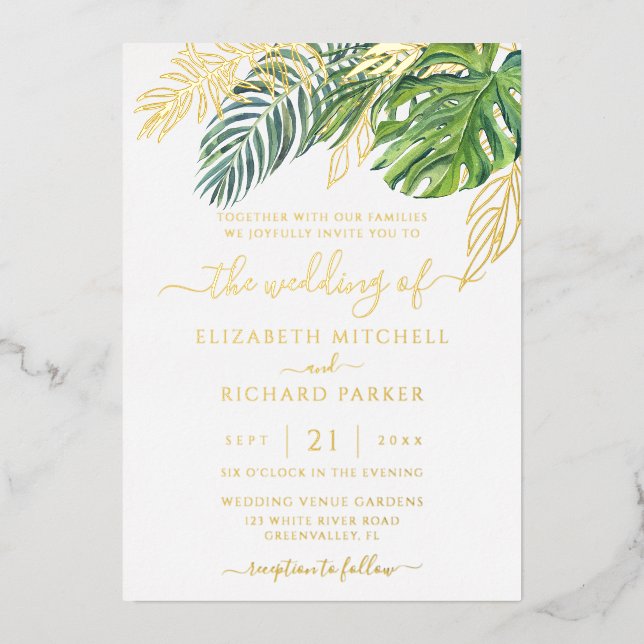 Invitación Con Relieve Metalizado Boda de hojas de palmeras salvajes tropicales (Anverso)