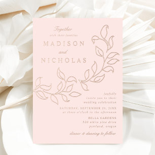 Invitación Con Relieve Metalizado Boda de Hojas en Cascada Rosa y Dorado Rosa