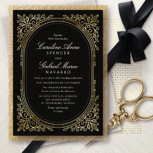 Invitación Con Relieve Metalizado Boda de Hojas Florales Art Déco