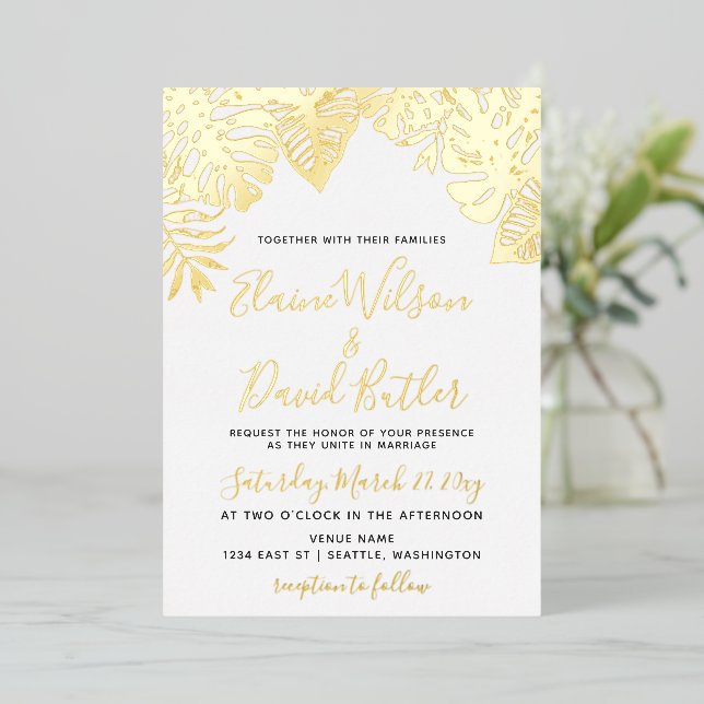 Invitación Con Relieve Metalizado Boda de hojas tropicales (Anverso de pie)