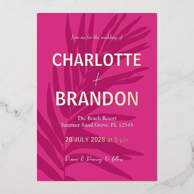 Invitación Con Relieve Metalizado Boda de hojas tropicales de palma rosadas caliente (Anverso)