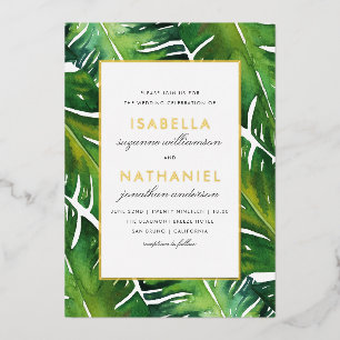 Invitación Con Relieve Metalizado Boda de hojas tropicales verdes modernas