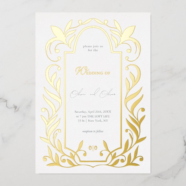 Invitación Con Relieve Metalizado Boda de hojas verdes (Anverso)