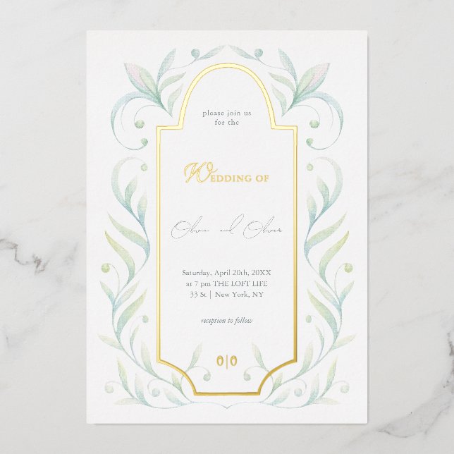 Invitación Con Relieve Metalizado Boda de hojas verdes (Anverso)