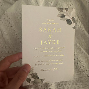Invitación Con Relieve Metalizado Boda de Hojas Verdes Acuarela Oro