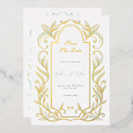 Invitación Con Relieve Metalizado Boda de Hojas Verdes Guardar la Fecha