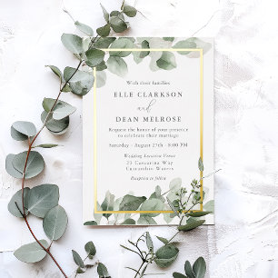 Invitación Con Relieve Metalizado Boda de hojas verdes salvia con borde dorado