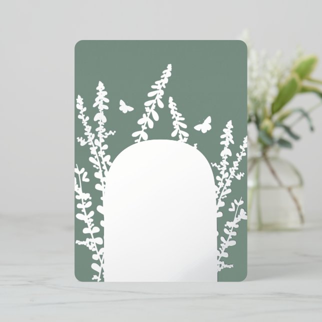 Invitación Con Relieve Metalizado Boda de hojas y mariposas de jardín elegante   (Anverso de pie)