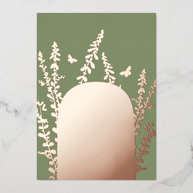 Invitación Con Relieve Metalizado Boda de hojas y mariposas de jardín elegante    (Anverso)
