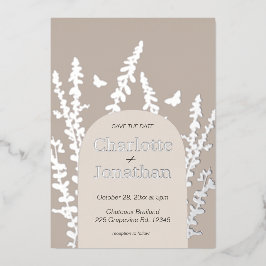 Invitación Con Relieve Metalizado Boda de hojas y mariposas de jardín elegante