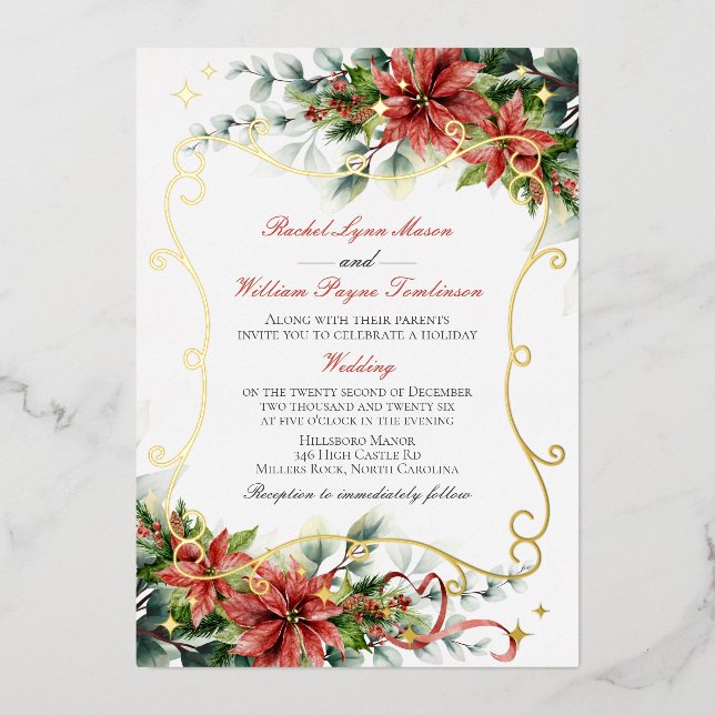 Invitación Con Relieve Metalizado Boda de Holiday Poinsettia (Anverso)