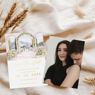 Invitación Con Relieve Metalizado Boda de Ilustracion de la Venue de color de agua