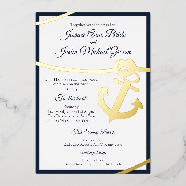 Invitación Con Relieve Metalizado Boda de inclinación náutica y ancla (Anverso)