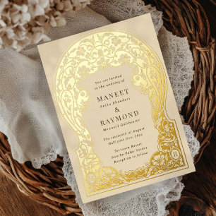 Invitación Con Relieve Metalizado Boda de Iniciales de Flores Dibujadas a Mano de Ar