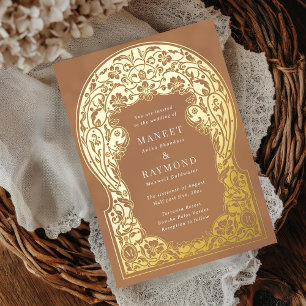 Invitación Con Relieve Metalizado Boda de Iniciales de Flores Dibujadas a Mano de Ar