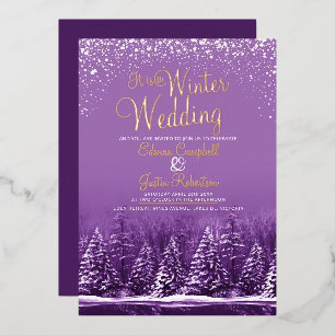 Invitación Con Relieve Metalizado Boda de invierno abetos lago arte púrpura