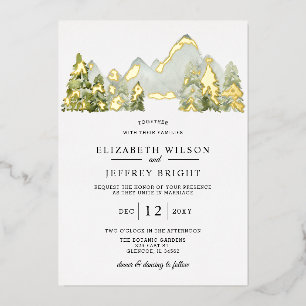 Invitación Con Relieve Metalizado Boda de invierno de acuarela rústica montañas pino